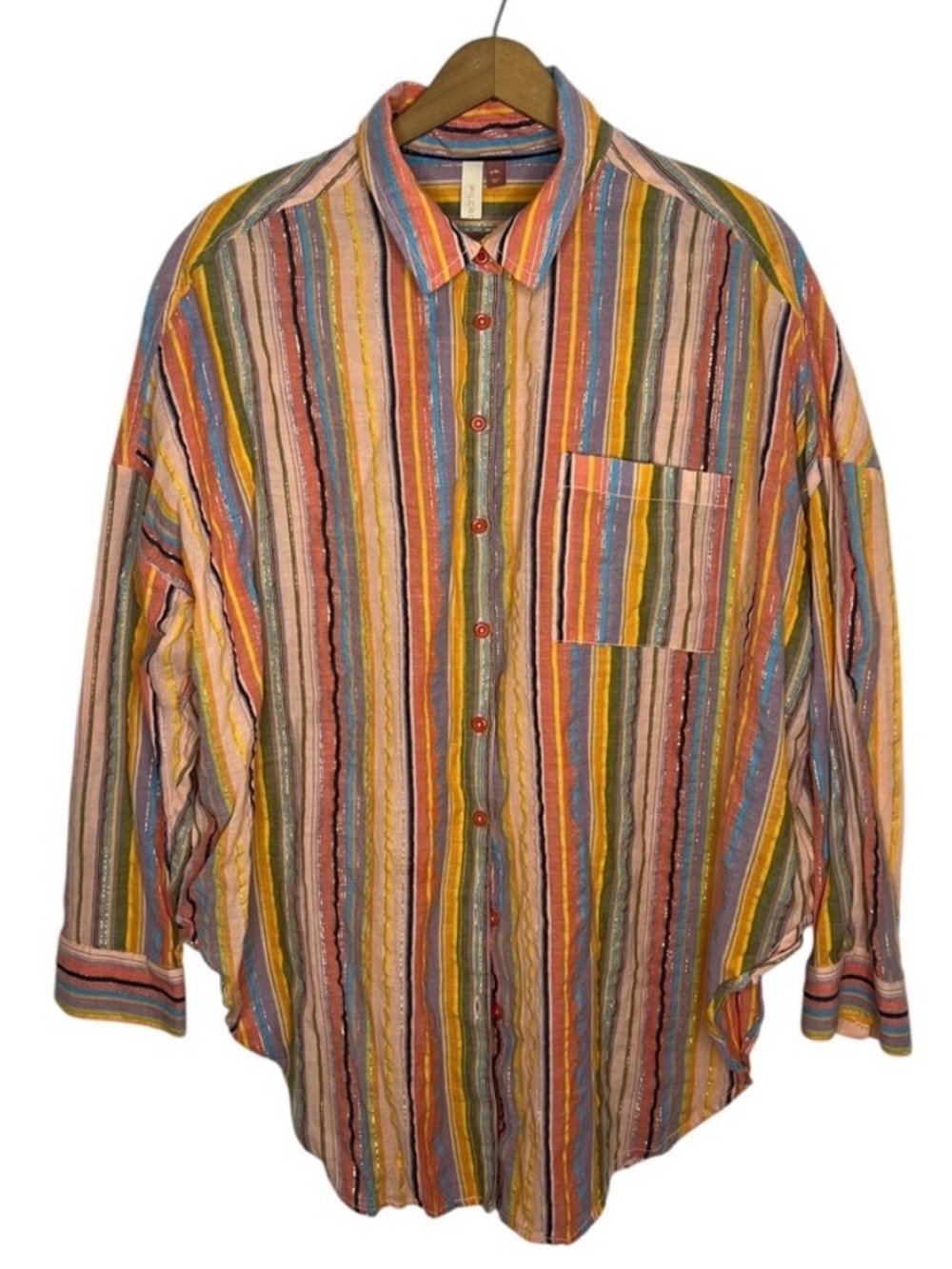 Pilcro Anthropologie Metallic Stripe Oversized Button Down Shirt L XL Boho
